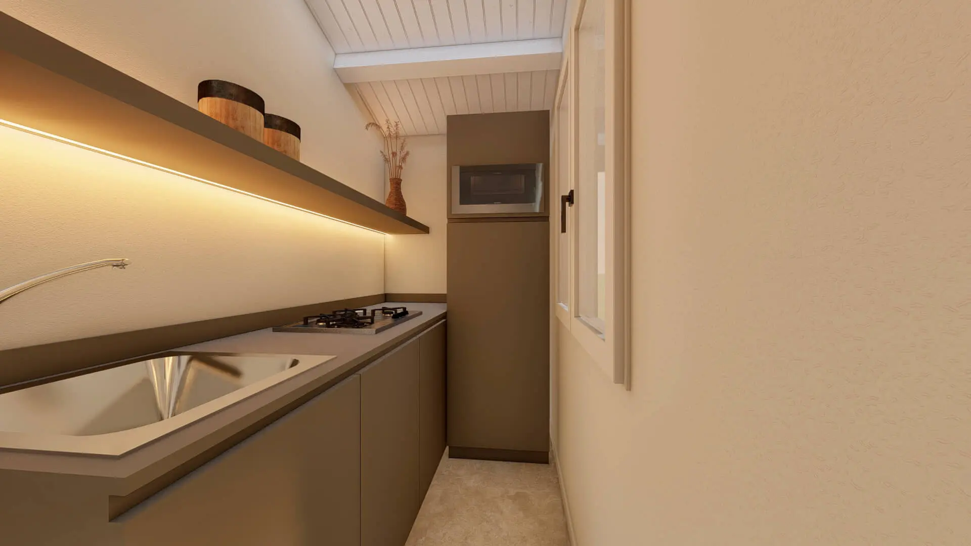 Cucina-moderna-in-unita-San-Francesco-Village Cucina moderna con illuminazione soffusa e ripiani marroni.